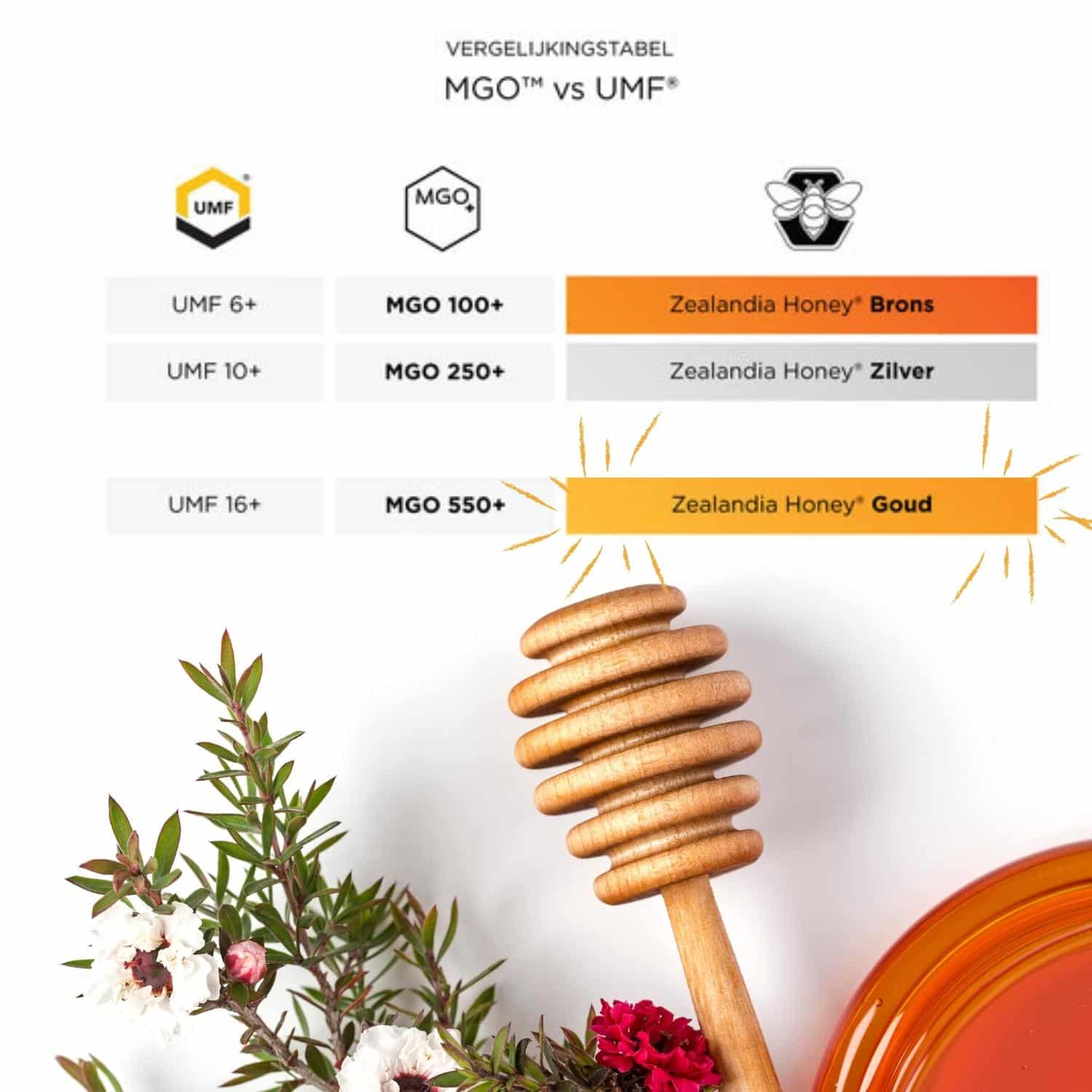 Vergelijkingstabel UMF VS MGO manuka honing Vergelijkingstabel UMF VS MGO manuka honing