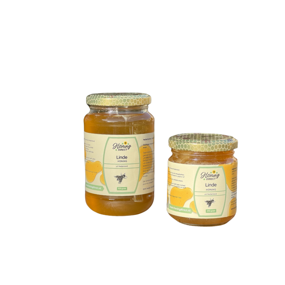 Pot Nederlandse lindehoning met ambachtelijk etiket en herkomststicker – frisse honing uit lindenbloesem, geoogst door lokale imker