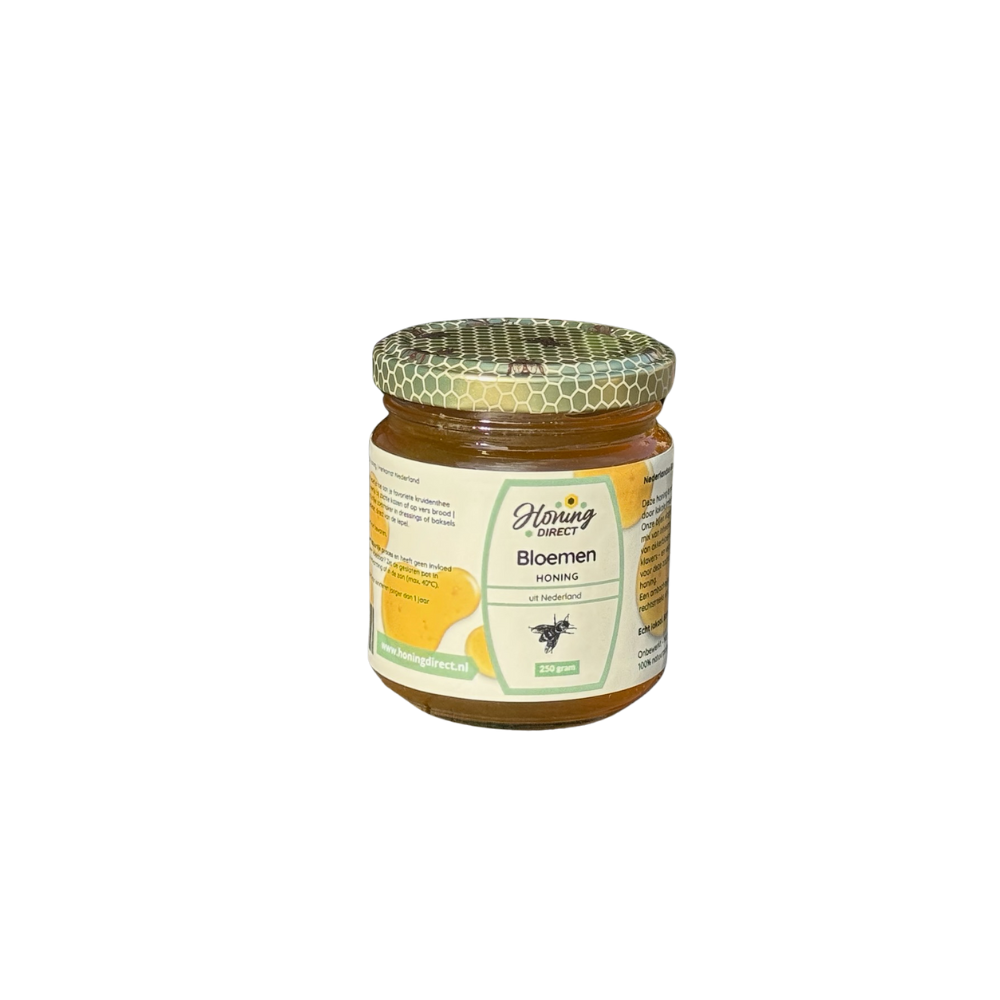 Pot Nederlandse bloemenhoning met label en herkomststicker – ambachtelijke honing van lokale bijen, zacht en puur