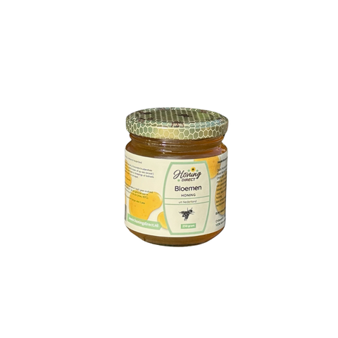 Pot Nederlandse bloemenhoning met label en herkomststicker – ambachtelijke honing van lokale bijen, zacht en puur