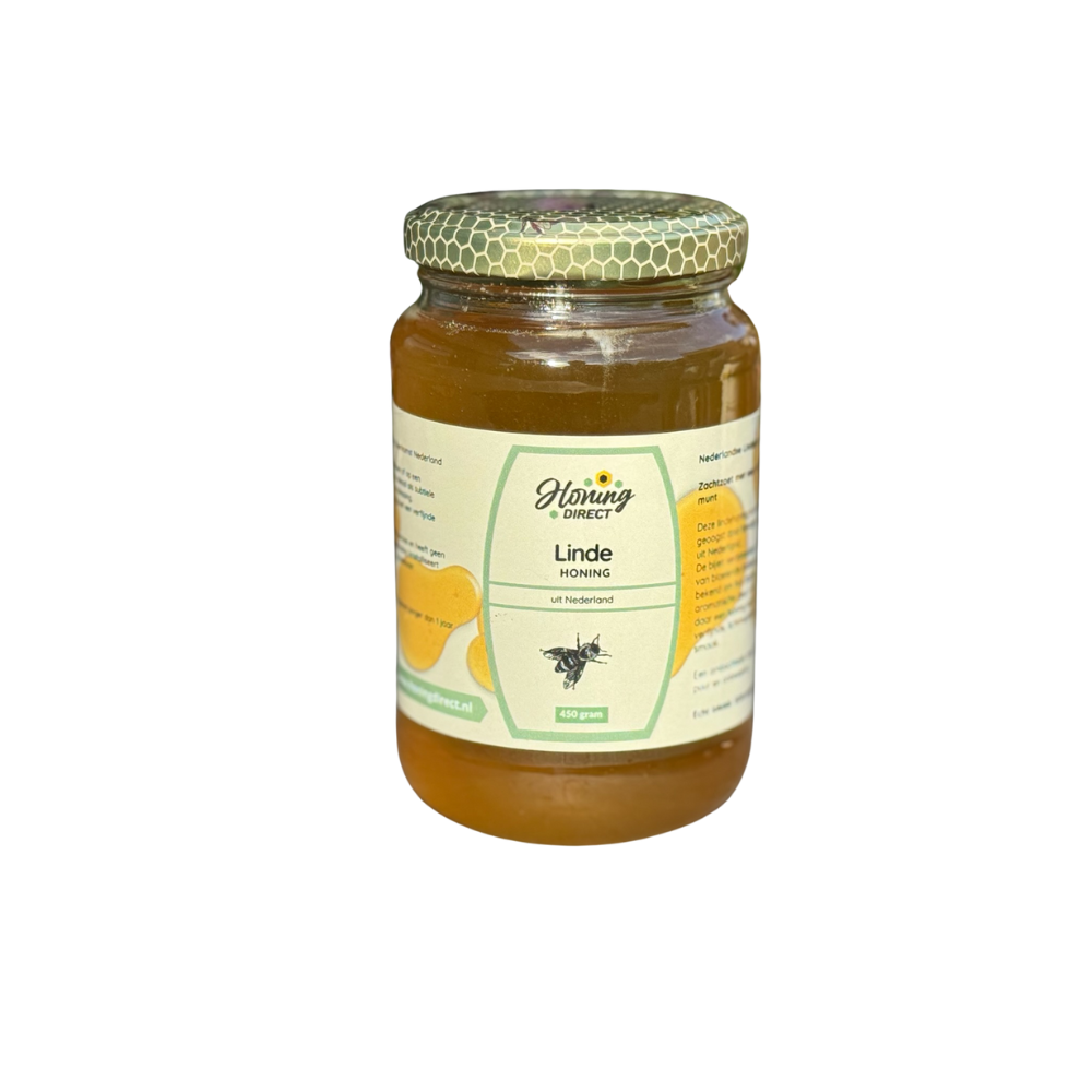 Pot Nederlandse lindehoning met ambachtelijk etiket en herkomststicker – frisse honing uit lindenbloesem, geoogst door lokale imker
