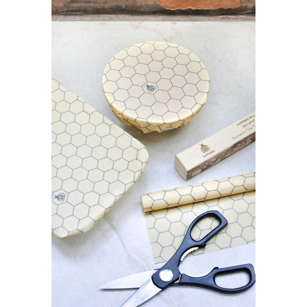 Herbruikbare bijenwas wikkelrol – grote maat (33x91 cm) – duurzaam alternatief voor plastic huishoudfolie, biologisch katoen met honingmotief
