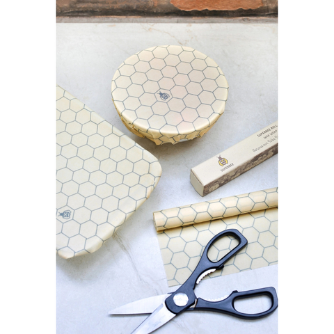 Herbruikbare bijenwas wikkelrol – grote maat (33x91 cm) – duurzaam alternatief voor plastic huishoudfolie, biologisch katoen met honingmotief