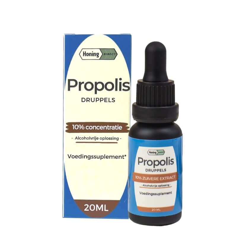 Propolis druppels vooraanzicht met doosje